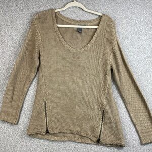 Quinn crew neck sweater M zipper accents taupe neutral minimalist edgy